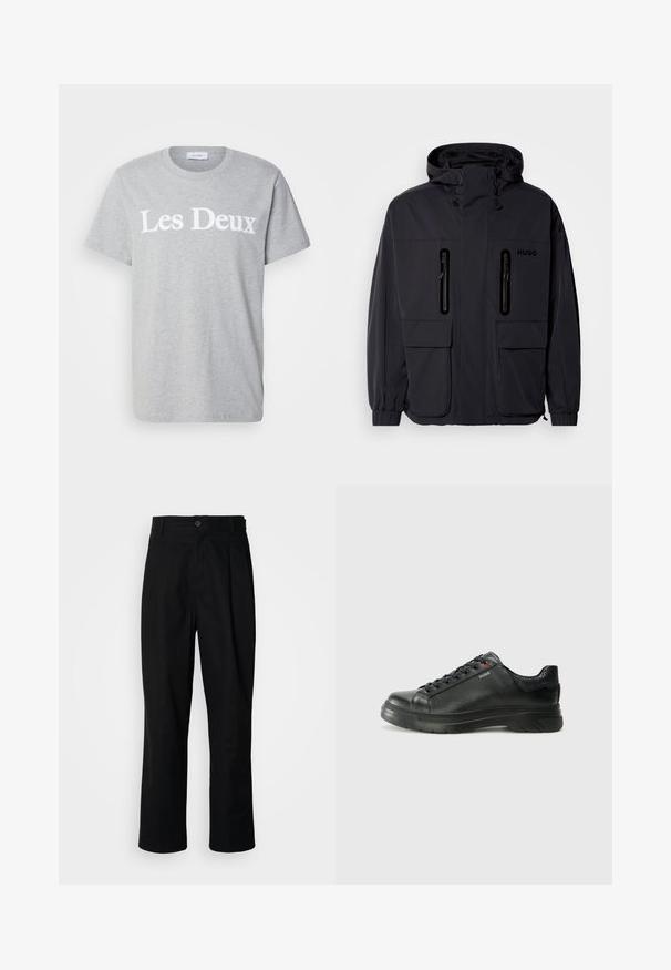 Černá voděodolná bunda s kapucí, dvěma zipovými kapsami na hrudi a elastickými manžetami. Vyznačuje se minimalistickým designem a značkovým logem "HUGO".; Les Deux CHARLES - Triko s potiskem - light grey; Černé kalhoty s rovnými nohavicemi, s páskem na knoflíky, poutky na opasek a předními záhyby, vystavené na jednoduchém bílém pozadí.; Černé kožené tenisky s texturovaným svrškem, polstrovaným límcem a červeným logem. Disponují tlustou gumovou podrážkou s výrazným vzorem.