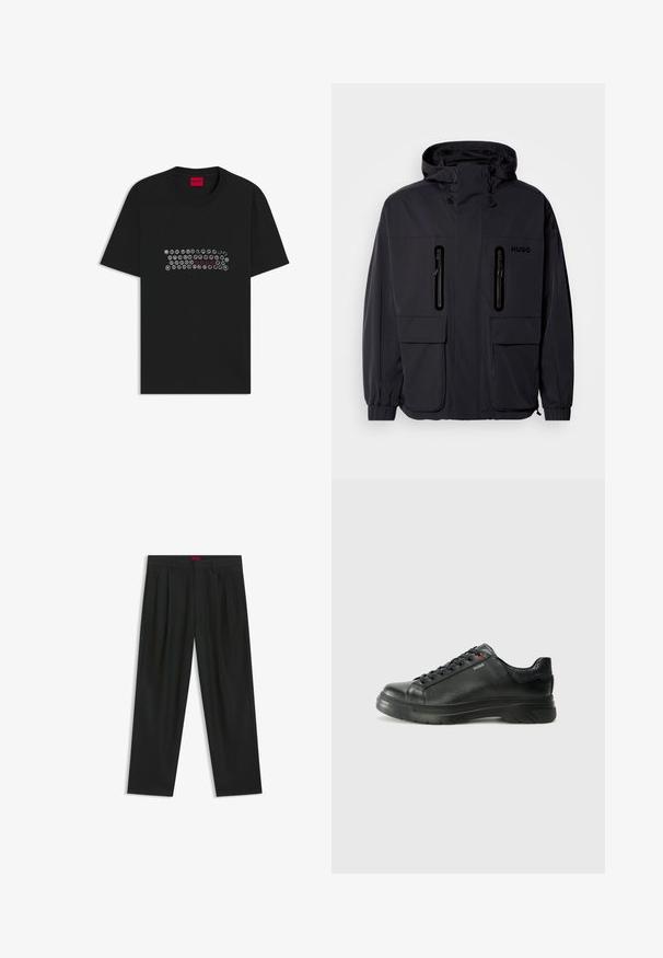 Black waterproof jacket with a hood, two zippered chest pockets, and elastic cuffs. Features minimalistic design and "HUGO" branding.; Black cotton t-shirt featuring a graphic of keyboard keys in white and red. Classic crew neck design with short sleeves.; Black trousers with a pleated design, wide leg shape, and a smooth texture. Features a red waistband tag.; Black leather sneaker with textured upper, padded collar, and red logo detail. Features a thick rubber sole with distinct tread pattern.