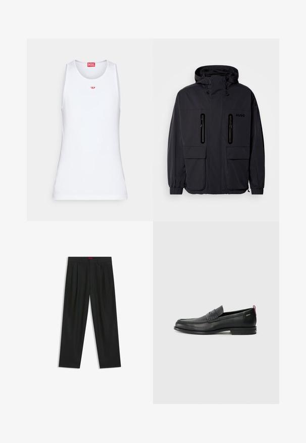 Black waterproof jacket with a hood, two zippered chest pockets, and elastic cuffs. Features minimalistic design and "HUGO" branding.; White sleeveless tank top made of smooth fabric. Features a round neckline and a small red "D" logo at the center.; Black trousers with a pleated design, wide leg shape, and a smooth texture. Features a red waistband tag.; Black leather loafers with a textured front panel and smooth sides. Features a slim heel and rear loop for easy wear. Classic design.