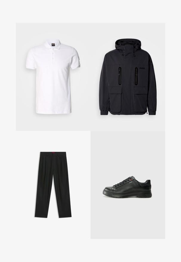 Black waterproof jacket with a hood, two zippered chest pockets, and elastic cuffs. Features minimalistic design and "HUGO" branding.; White polo shirt made of cotton with a solid color, short sleeves, a collared neckline, and three button closures at the front.; Black trousers with a pleated design, wide leg shape, and a smooth texture. Features a red waistband tag.; Black leather sneaker with textured upper, padded collar, and red logo detail. Features a thick rubber sole with distinct tread pattern.