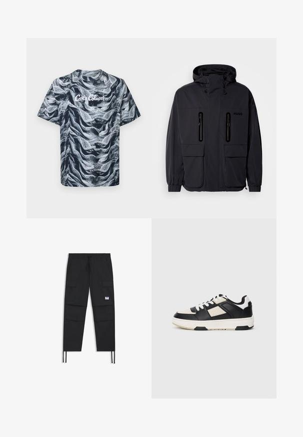 Musta vedenpitävä takki hupulla, jossa on kaksi vetoketjullista rintataskua ja elastiset hihansuut. Ominaisuuksina minimalistinen muotoilu ja "HUGO" -brändäys.; Lyhythihainen, pyöreäkauluksinen t-paita, jossa on mustavalkoinen teksturoitu abstrakti kuvio ja jossa lukee valkoisella "Cabo Colucci".; Mustat cargo-housut, joissa on nauhavyötärö, useita taskuja, joustava hihansuu ja huomaamaton logopatch. Valmistettu kevyestä kankaasta.; Mustat ja kermanväriset tennarit, joissa on teksturoitu nahkavuori, pyöreä kärki, valkoiset nauhat ja paksu valkoinen pohja mustilla yksityiskohdilla.