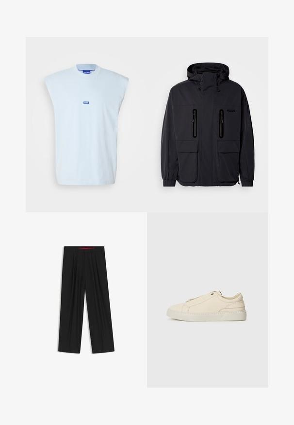 Musta vedenpitävä takki hupulla, jossa on kaksi vetoketjullista rintataskua ja elastiset hihansuut. Ominaisuuksina minimalistinen muotoilu ja "HUGO" -brändäys.; Vaaleansininen hihaton t-paita, joka on valmistettu puuvillasta. Siinä on ympyräkaulus ja keskellä oleva sininen logotunnus brändin tunnistamiseksi.; Musta leveälahkeinen housu, jossa on litteä etuosa, kaksi sivupistettä, laskostettu muotoilu ja kontrastivärinen punainen vyötärön sisäosa.; Beige nahkakengät, joissa on pyöreä kärki, minimalistinen muotoilu, hillityt ommellut yksityiskohdat ja teksturoitu päällinen, vaalealla pohjalla.