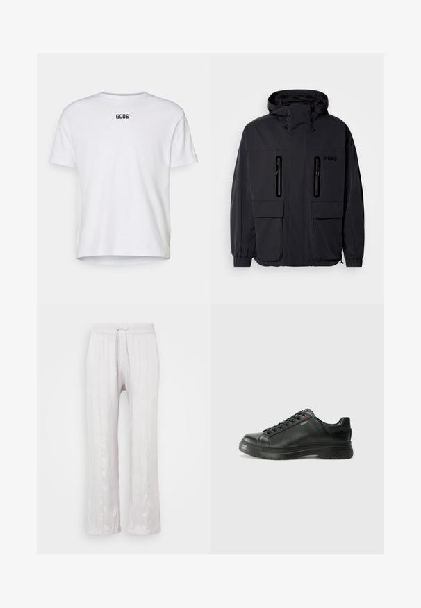 Melna ūdensnecaurlaidīga jaka ar kapuci, divām kabatām ar rāvējslēdzēju krūšu augšdaļā un elastīgām aprocēm. Ievēro minimālistisku dizainu un "HUGO" zīmolu.; Balta kokvilnas t-krekls īsām piedurknēm, ar apaļu kakla izgriezumu un melnu "GCDS" logotipu drukātu mugurā. Vienkāršs, neizpušķots dizains.; Gaiši pelēkas, brīva piegriezuma bikses gludā audumā ar elastīgu jostasvietu un auklu. Taisnas kājas ar smalkām krokām, bez redzamām rakstām.; Melnas ādas sporta kedas ar teksturētu virsu, mīkstinātu apmalu un sarkanu logotipa detaļu. Iezīmējas ar biezu gumijas zoli ar izteiktu rakstu.