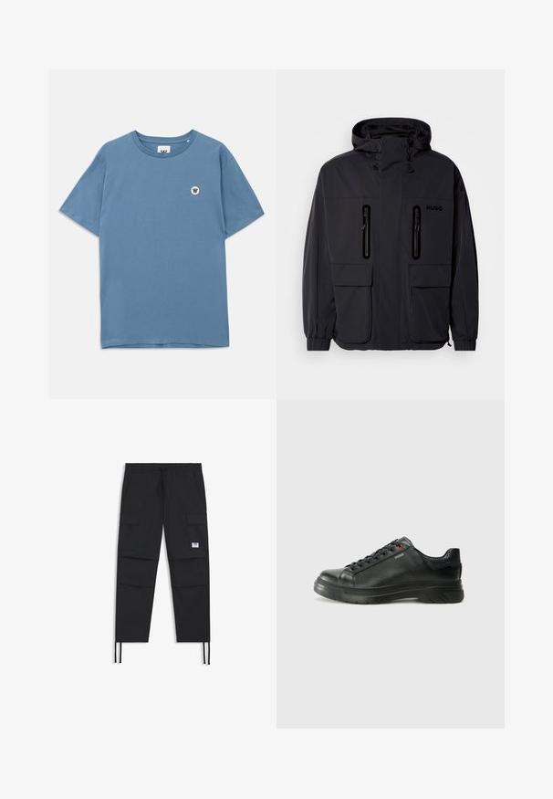 Sort vandtæt jakke med hætte, to lynlås-lommer på brystet og elastiske manchetter. Har et minimalistisk design og "HUGO" branding.; Blå bomulds t-shirt med rund halsudskæring, korte ærmer og et lille rundt logo med et "W" på venstre brystområde.; Sorte cargo-bukser med snøre i taljen, flere lommer, elastisk cuff og et diskret logo-patch. Fremstillet af letvægtsstof.; Sorte lædersneakers med tekstureret overdel, polstret krave og rødt logo-detajle. Har en tyk gummisål med tydeligt mønster.