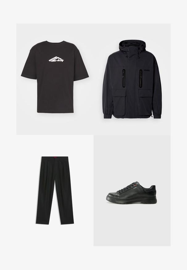 Veste imperméable noire avec capuche, deux poches poitrine zippées et poignets élastiques. Présente un design minimaliste et un logo "HUGO".; T-shirt noir à manches courtes en coton, avec un logo graphique blanc à l'avant, encolure ronde et ourlet droit.; Pantalons noirs avec un design plissé, une coupe large et une texture lisse. Présente une étiquette de taille rouge.; Sneaker en cuir noir avec une tige texturée, un col rembourré et un détail de logo rouge. Caractéristiques d'une épaisse semelle en caoutchouc avec un motif de semelle distinct.