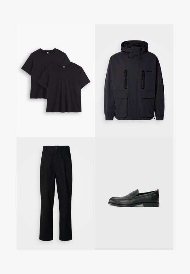 Sort vandtæt jakke med hætte, to lynlås-lommer på brystet og elastiske manchetter. Har et minimalistisk design og "HUGO" branding.; To sorte bomulds t-shirts med korte ærmer, rund halsudskæring og en afslappet pasform. Hver har et lille vævet mærke ved kanten.; Sorte lige ben bukser med en knaplukket talje, bæltestropper og en frontfold, præsenteret mod en ensfarvet hvid baggrund.; Sorte læder loafers med en tekstureret frontpanel og glatte sider. Har en slank hæl og en bageste løkke til nem påtagning. Klassisk design.