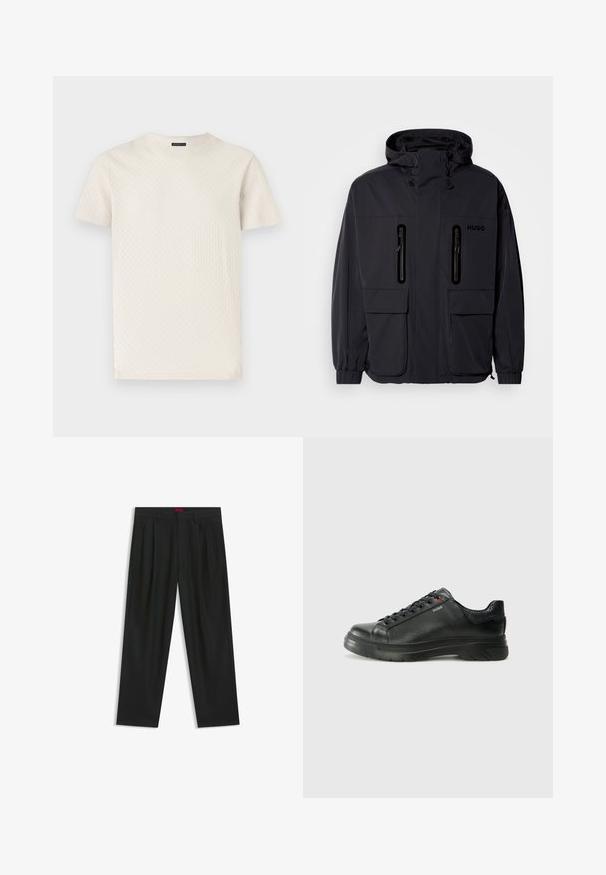 Zwarte waterdichte jas met een capuchon, twee ritszakken op de borst en elastische manchetten. Heeft een minimalistisch ontwerp en "HUGO" branding.; Lichtbeige t-shirt met korte mouwen in een gestructureerde stof, met een ronde halslijn en een rechte snit met een subtiel patroon door het geheel.; Zwarte broek met een geplooid ontwerp, wijde pijpen en een zachte textuur. Voorzien van een rode taillebandlabel.; Zwarte leren sneaker met een gestructureerde bovenkant, gevoerde kraag en rode logo-details. Heeft een dikke rubberen zool met een opvallend loopvlakpatroon.