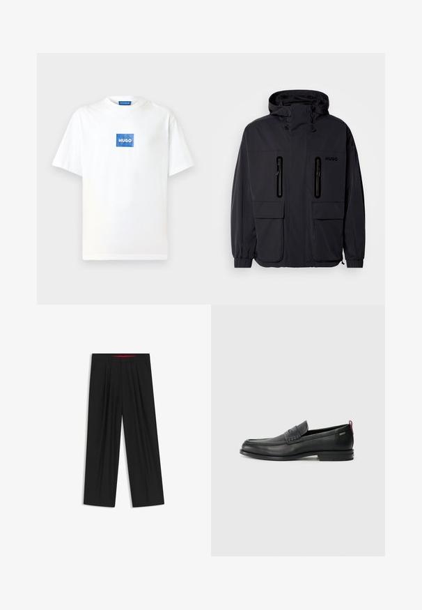 Schwarze wasserdichte Jacke mit Kapuze, zwei mit Reißverschluss versehenen Brusttaschen und elastischen Bündchen. Verfügt über ein minimalistisches Design und "HUGO"-Branding.; Weißes Baumwoll-T-Shirt mit kurzen Ärmeln und rundem Ausschnitt. Auf der Vorderseite zentriert befindet sich ein blaues rechteckiges Logo mit der Aufschrift "HUGO".; Schwarze weit geschnittene Hosen mit flachem Bund, zwei seitlichen Taschen, gefaltetem Design und einem kontrastierenden roten Innenbund.; Schwarze Lederloafers mit einem strukturierten Vorderteil und glatten Seiten. Sie verfügen über einen schmalen Absatz und eine Schlaufe an der Rückseite für einfaches Anziehen. Klassisches Design.