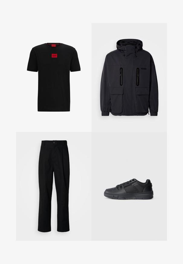 Melna ūdensnecaurlaidīga jaka ar kapuci, divām kabatām ar rāvējslēdzēju krūšu augšdaļā un elastīgām aprocēm. Ievēro minimālistisku dizainu un "HUGO" zīmolu.; Melnas kokvilnas T-krekls ar apaļu kakla izgriezumu, īsām piedurknēm un sarkanu taisnstūrveida logo uzšuvumu centrā uz krūškurvja. Gluda tekstūra.; Melni taisni bikses ar pogu, jostu cilpiņām un priekšējo krokām, izliktas uz vienkārša balta fona.; Melnas sporta kurpes ar gludu ādas virsmu, teksturētām akcentiem, perforētām detaļām un gumijas zoli ar plakanu profilu.