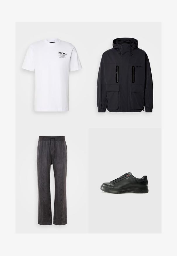 Geacă impermeabilă neagră cu glugă, două buzunare pe piept cu fermoar și manșoane elastice. Prezintă un design minimalist și branding "HUGO".; Tricou alb cu mânecă scurtă, din bumbac. Prezintă un imprimeu grafic negru pe pieptul stâng, cu text și logo. Guler rotund clasic.; Pantaloni negri dintr-un material moale, cu o textură netedă, având talie elastică cu șnur, picioare largi și cusături laterale.; Sneaker din piele neagră cu un superior texturat, guler căptușit și detalii cu logo roșu. Are o talpă groasă din cauciuc cu un model de bandă distinct.