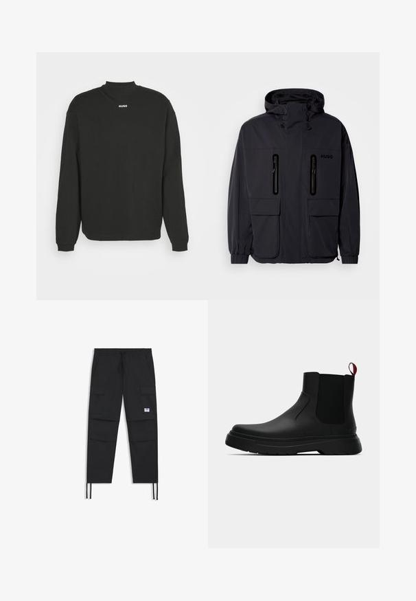 Must have veekindel, kapuutsiga must jakk, kus on kaks tõmblukuga rinna-taskut ja elastsed mansetid. Omab minimalistlikku disaini ja "HUGO" brändimist.; Mustad pikad varrukad puuvillane felpatoode, millel on kõrge krae ja rinnal valgete tähtedega sõna "HUGO".; Mustad mustahoidjad püksid, millel on nööri vöö, mitmed taskud, elastne varrukas ja diskreetne logopatch. Valmistatud kerge kangast.; Mustad musta värvi ankle boot, millel on sile viimistlus, elastsed külgpaneelid ja kontrastne punane tõmbetaba. Saapadel on paks kummist tald ja ümar varvas.