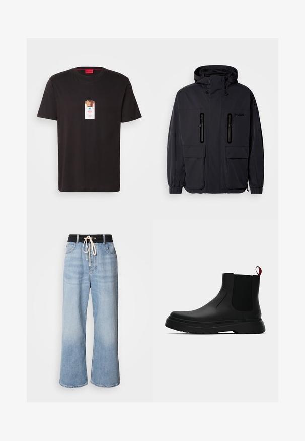 Μαύρο αδιάβροχο μπουφάν με κουκούλα, δύο τσέπες στο στήθος με φερμουάρ και ελαστικές μανσέτες. Διαθέτει μινιμαλιστικό σχεδιασμό και λογότυπο "HUGO".; Μαύρη βαμβακερή μπλούζα με γραφικό σχέδιο ενός λιονταριού μέσα σε ένα κονσερβοκούτι. Η ετικέτα περιλαμβάνει το όνομα της μάρκας "HUGO" σε μπλε και λευκό.; Ανοιχτό μπλε παντελόνια με φαρδιά εφαρμογή και μαύρη ελαστική μέση, με κλείσιμο κορδονιού και κλασικό σχέδιο πέντε τσεπών.; Μαύρη αστράγαλη μποτάκι με λείο φινίρισμα, ελαστικές πλευρικές πάνελ και εναν αντίθετο κόκκινο χερούλι, με παχιά καουτσούκ σόλα και στρογγυλή μύτη.