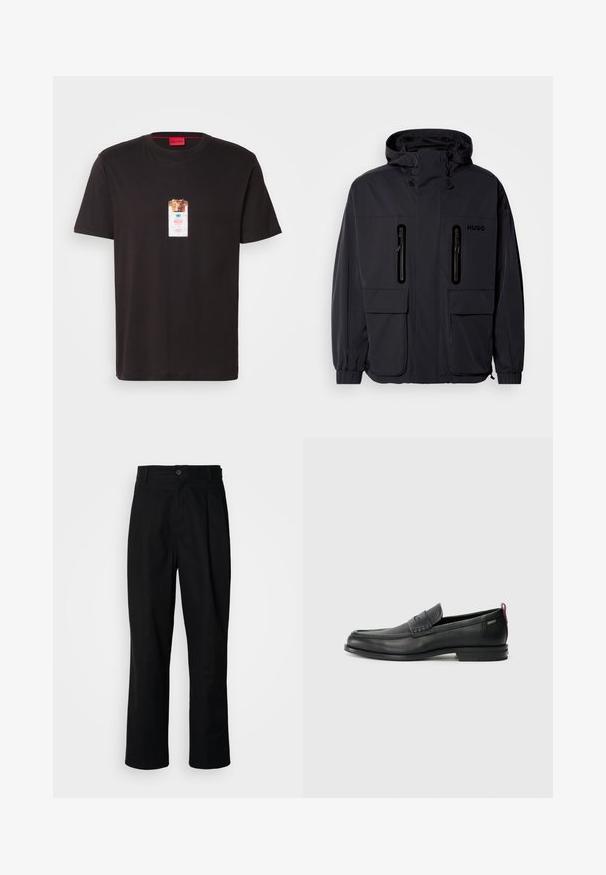 Fekete vízálló dzseki kapucnival, két cipzáras mellzsebbel és rugalmas mandzsettával. Minimalista dizájnnal és "HUGO" logóval ellátva.; Fekete pamut póló, amelyen egy oroszlán grafikája látható egy konzervben. A címkén a "HUGO" márkaneve kék és fehér színben látható.; Fekete egyenes szabású nadrág gombos derékkal, övrutakkal és elülső gyűrődéssel, egy sima fehér háttér előtt.; Fekete bőrcipők, texturált elülső részel és sima oldalakkal. Karcsú sarokkal és hátsó hurkkal könnyű felvételhez. Klasszikus dizájn.