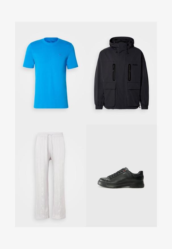 Svart vanntett jakke med hette, to glidelåslommer på brystet og elastiske mansjetter. Har et minimalistisk design og "HUGO"-merke.; Blå bomull T-skjorte med rund hals og korte ermer. Har et lite, brodert logo i en matchende blå farge på brystet.; Lys grå, løstsittende bukser i glatt stoff med elastisk midjebånd og snor. Rett ben med subtile folder, ingen synlige mønstre.; Svarte lærsneakers med teksturert overdel, polstret krage og rød logodetalj. Har en tykk gummisåle med tydelig mønster.