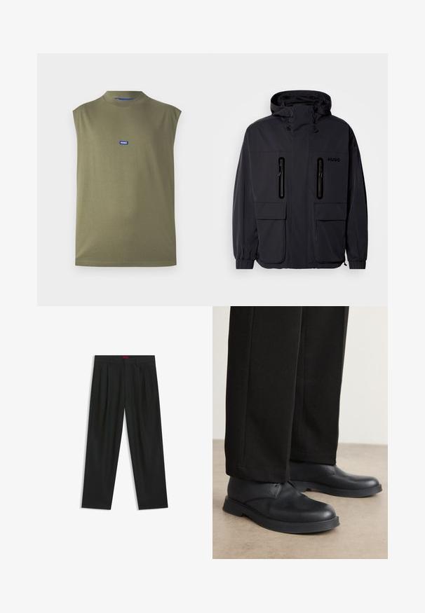 Giacca impermeabile nera con cappuccio, due tasche a zip sul petto e polsini elastici. Presenta un design minimalista e il marchio "HUGO".; Top senza maniche di colore verde oliva realizzato in un tessuto morbido, con un collo alto e un logo blu HUGO sul petto. Texture liscia, design minimal.; Pantaloni neri con un design plissè, forma a gamba larga e texture liscia. Presentano un'etichetta rossa in vita.; Scarpe in pelle nera con punta tondeggiante, suola piatta e dettagli minimi. Abbinato a pantaloni neri su misura, che mostrano una superficie liscia.