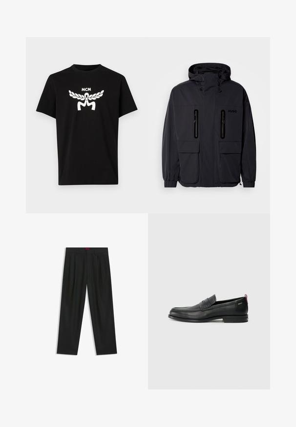 Black waterproof jacket with a hood, two zippered chest pockets, and elastic cuffs. Features minimalistic design and "HUGO" branding.; Black cotton t-shirt with short sleeves, featuring a large white MCM logo and laurel design on the front. Classic crew neck.; Black trousers with a pleated design, wide leg shape, and a smooth texture. Features a red waistband tag.; Black leather loafers with a textured front panel and smooth sides. Features a slim heel and rear loop for easy wear. Classic design.