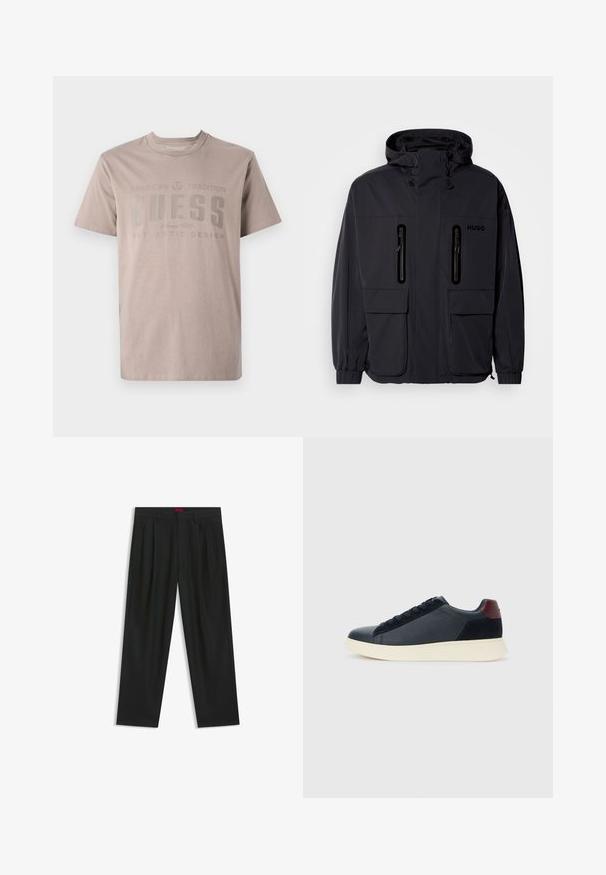Sort vandtæt jakke med hætte, to lynlås-lommer på brystet og elastiske manchetter. Har et minimalistisk design og "HUGO" branding.; Lys beige t-shirt i bomuld med rund halsudskæring, korte ærmer og et trykt design med mærkenavnet "GUESS" i mørkegrå.; Sorte bukser med plisseret design, bred benform og en glat tekstur. Har et rødt taljetag.; Lave herresneakers i sort læder og ruskind med maroon hælflap og hvid gummisål, set fra ydersiden.