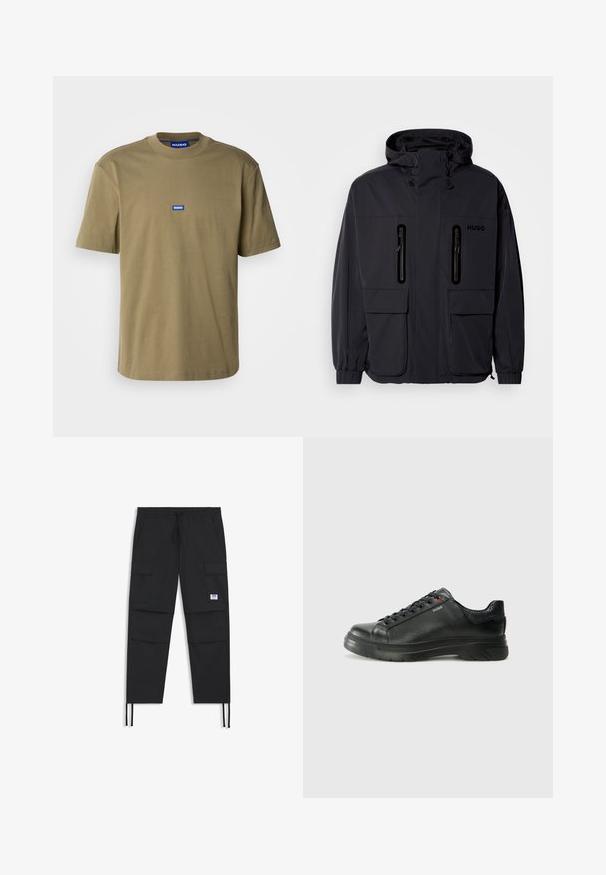 Sort vandtæt jakke med hætte, to lynlås-lommer på brystet og elastiske manchetter. Har et minimalistisk design og "HUGO" branding.; Oliven grøn bomulds t-shirt, rund hals, korte ærmer, med et blåt rektangulært logo med "HUGO" på forsiden, glat tekstur.; Sorte cargo-bukser med snøre i taljen, flere lommer, elastisk cuff og et diskret logo-patch. Fremstillet af letvægtsstof.; Sorte lædersneakers med tekstureret overdel, polstret krave og rødt logo-detajle. Har en tyk gummisål med tydeligt mønster.