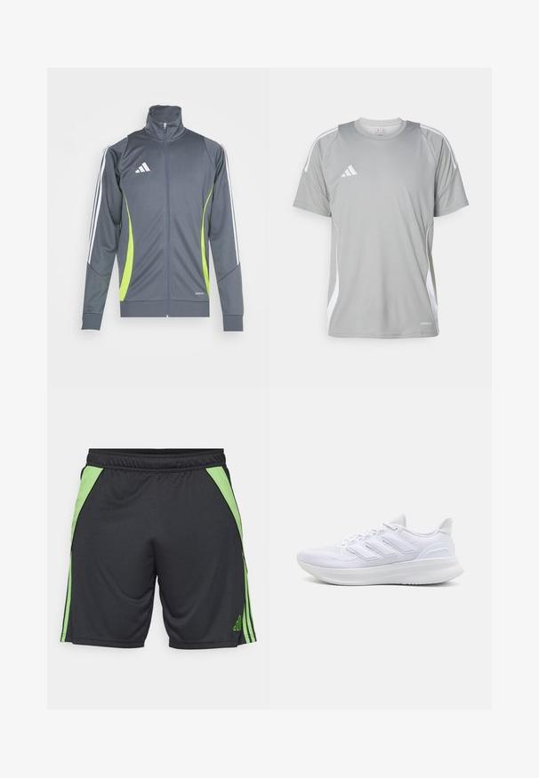 Graue Sportjacke mit hohem Kragen, weißen Streifen an den Ärmel und limegrünen Akzenten. Hergestellt aus glattem, elastischem Stoff.; Hellgraues Sport-T-Shirt mit kurzen Ärmeln, mit weißen Akzenten und einem Adidas-Logo auf der linken Brust. Hergestellt aus atmungsaktivem Material.; Schwarze Sportshorts mit grünen seitlichen Akzenten und Streifen. Hergestellt aus leichtem Material, mit einem elastischen Bund für zusätzlichen Komfort.; Weiße Sportschuhe mit einem strukturierten Mesh-Obermaterial, einer stützenden gepolsterten Sohle und einem drei Streifen-Design an der Seite.