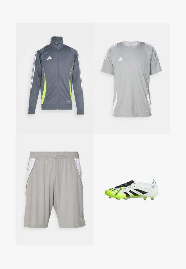 Pilkos spalvos sportinė striukė su aukštu apykakle, baltais dryžiais ant rankovių ir žalios citrinos akcentais. Pagaminta iš glotnaus, elastingo audinio.; Šviesiai pilkas sportinis marškinėliai su trumpomis rankovėmis, kuriuose matomi balti akcentai ir Adidas logotipas kairėje krūtinės pusėje. Pagaminti iš kvėpuojančios medžiagos.; Pilki sportiniai šortai, pagaminti iš lengvos medžiagos, su baltais šoninių panelių, elastinga juosmeniu ir mažu logotipu apatiniame kampe.; Futbolo batai su balta viršutinė dalimi, juodais akcentais ir neoninės žalios detalėmis. Turi tekstūruotą paviršių ir formuotus smaigalius sukibimui.