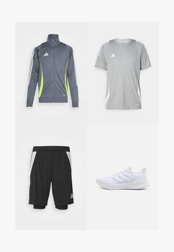 Graue Sportjacke mit hohem Kragen, weißen Streifen an den Ärmel und limegrünen Akzenten. Hergestellt aus glattem, elastischem Stoff.; Hellgraues Sport-T-Shirt mit kurzen Ärmeln, mit weißen Akzenten und einem Adidas-Logo auf der linken Brust. Hergestellt aus atmungsaktivem Material.; Schwarze Sportshorts aus leichtem Material, mit weißen Seitenpaneelen, elastischem Bund und einem reflektierenden Logodetail auf der unteren linken Seite.; Weiße Sportschuhe mit einem strukturierten Mesh-Obermaterial, einer stützenden gepolsterten Sohle und einem drei Streifen-Design an der Seite.