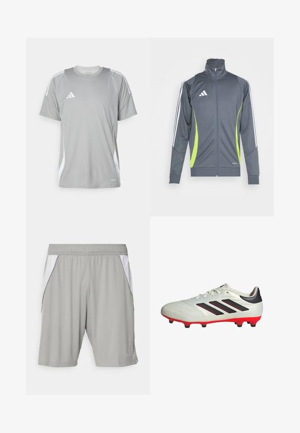 Graue Sportjacke mit hohem Kragen, weißen Streifen an den Ärmel und limegrünen Akzenten. Hergestellt aus glattem, elastischem Stoff.; Hellgraues Sport-T-Shirt mit kurzen Ärmeln, mit weißen Akzenten und einem Adidas-Logo auf der linken Brust. Hergestellt aus atmungsaktivem Material.; Graue Sportshorts aus leichtem Stoff, mit weißen Seitenpanels, einem elastischen Bund und einem kleinen Logo in der unteren Ecke.; Weißer Fußballschuh mit schwarzen Akzenten und roter Sohle. Verfügt über drei schwarze Streifen an der Seite und ein glattes Obermaterial.