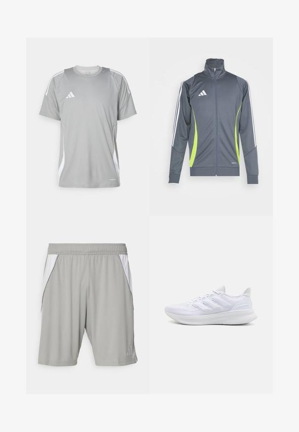 Chaqueta deportiva gris con un cuello alto, rayas blancas en las mangas y detalles en verde lima. Fabricada con una tela suave y elástica.; Camiseta deportiva de color gris claro con mangas cortas, con detalles en blanco y un logo de Adidas en el lado izquierdo del pecho. Fabricada con material transpirable.; Pantalones cortos deportivos grises hechos de un tejido ligero, con paneles laterales blancos, una cinturilla elástica y un pequeño logo en la esquina inferior.; Zapatillas deportivas blancas con una parte superior de malla texturizada, suela acolchada y soporte, y un diseño de tres rayas en el lateral.