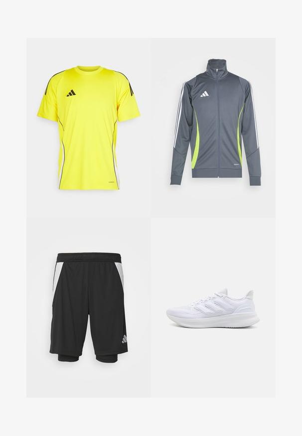 Chaqueta deportiva gris con un cuello alto, rayas blancas en las mangas y detalles en verde lima. Fabricada con una tela suave y elástica.; Camiseta deportiva amarilla con rayas y acentos negros. Hecha de un material ligero, cuenta con mangas cortas y un escote redondeado.; Bermudas deportivas negras con un tejido ligero, paneles laterales blancos, cintura elástica y un detalle del logo reflectante en la parte inferior izquierda.; Zapatillas deportivas blancas con una parte superior de malla texturizada, suela acolchada y soporte, y un diseño de tres rayas en el lateral.
