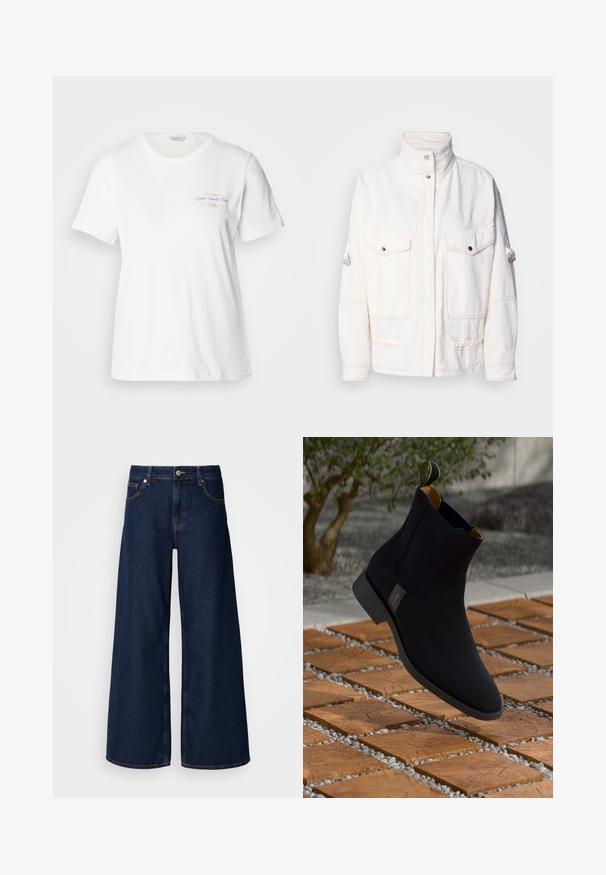 White denim jacket with a high collar, two front pockets, silver snap buttons, and contrasting stitching details. Features a relaxed fit.; White cotton t-shirt with short sleeves, round neckline, and pink/blue graphic print reading "Gant Sports Club 1949" on the chest.; Wide-leg dark blue denim jeans with a high waist, front pockets, and a button closure. Features contrast stitching and a smooth texture.; Black leather chelsea boot with a smooth texture, yellow inner lining, and black sole, featuring a loop tab for ease of wear.