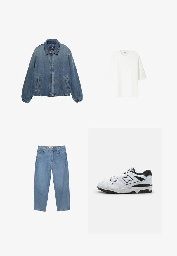 Traper jakna u svjetloplavoj boji, s ovratnikom, prednjim patentnim zatvaračem i elastičnim manžetama, bočnim džepovima i ležernim krojem.; Bijela majica kratkih rukava od pamuka, s okruglim izrezom i ležernim krojem te ravnim rubom.; Svijetloplave traperice ravnog kroja, s pet džepova i vidljivom oznakom branda na pojasu.; Bijela niska tenisica s crnim detaljima, gornji dio od kože i mrežice, perforirani detalji, podstavljeni ovratnik i debeli gumenii potplat. Model 550.