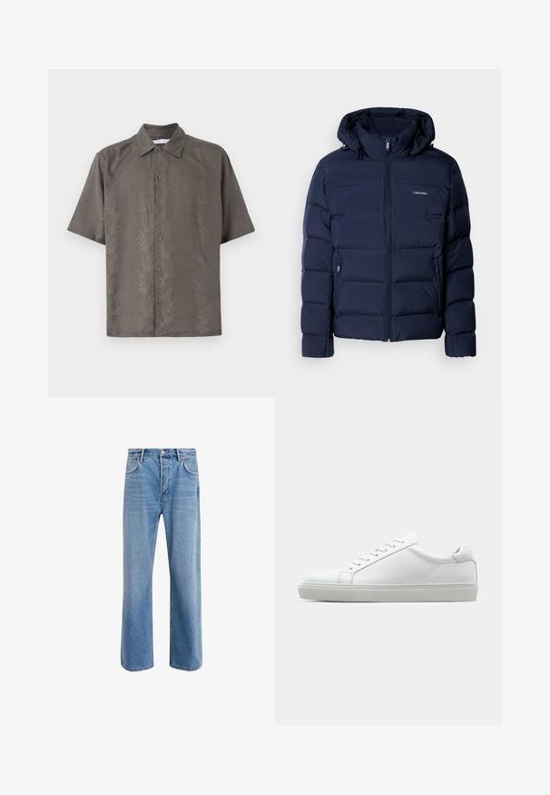 Marineblauwe donsjas met een capuchon, voorzien van een volledige rits, twee zijzakken en gestikte panelen voor isolatie. Subtiel logo op de borst.; Korte mouwen, olijfgroen shirt in een gestructureerde stof met een geperst bladdessin, voorzien van een klassieke kraag en knoopsluiting aan de voorkant.; Lichtblauwe denim jeans met een straight-leg ontwerp, vijf zakken, knoopsluiting, minimale vervaging en contrasterende stikseldetails.; Witte sneaker met een gladlederen bovenwerk en een laag profiel. Voorzien van een ronde neus, zes vetergaatjes en een gestructureerde rubberen zool.