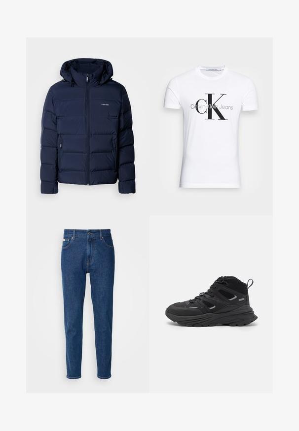 Tumed sinise värvi puffjakke, millel on kapuuts, täispikk tõmblukk, kaks külg taskut ja soojuse tagamiseks õmmeldud paneelid. Diskreetne logo rinnal.; Valge puuvillane T-särk, millel on must "CK" logo ja "Calvin Klein Jeans" tekst, lühikesed varrukad ning klassikaline ümmargune kaelus.; Sinised denimist teksad sirge jalaga, nupuga kinnitatavad, viie taskuga ning kollaste õmblustega õmblustes. Pehme tekstuur ja keskmine kaal.; Mustad matkajalatsid, millel on kihiline disain, tekstureeritud kangas ja kummist tallad, tugevduskohtadega ning sidumisfront.