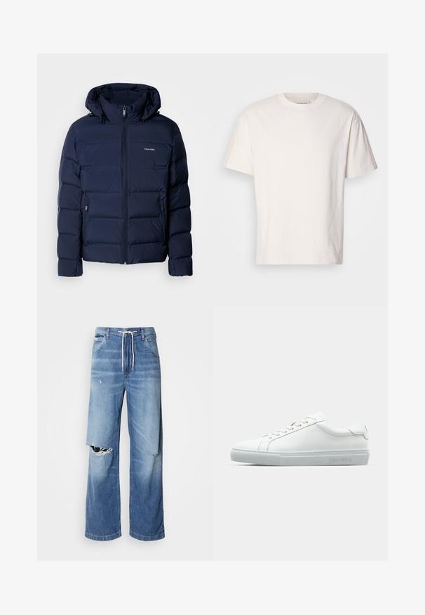 Námornícky modrá prešívaná bunda s kapucňou, s plným zipsom, dvoma bočnými vreckami a prešívanými panelmi na izolačnú vrstvu. Diskrétne logo na hrudi.; Krémové bavlnené tričko s okrúhlym výstrihom. Krátke rukávy a voľný strih. Na výstrihu sa nachádza malé logo. Hladká textúra.; Svetlomodré džíny s voľným strihom, so bielym šnúrkovým pásom a výraznými roztrhnutiami na prednej strane, ktoré odhaľujú rozstrapkané okraje.; Biele kožené tenisky s hladkým povrchom, zaoblenou špičkou, plochými šnúrkami a minimalistickým dizajnom. Svetlošedá gumová podrážka s logom na boku.