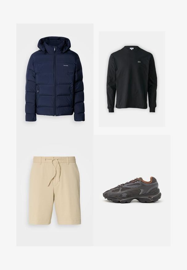 Tamsiai mėlynas pūkų striukė su kapuce, turinti pilną užtrauktuką, dvi šonines kišenes ir siūtas panele izoliacijai. Diskretiška logo ant krūtinės.; Juodas ilgomis rankovėmis marškinėliai iš medvilnės, turintys apvalią iškirptę ir mažą žalią išsiuvinėtą krokodilo logotipą kairėje krūtinės pusėje.; Smėlio spalvos šortai iš tekstūruotos medžiagos, su elastinga juostele ir raišteliu, bei šoninėmis kišenėmis funkcionalumui.; Lacoste sportbačiai tamsiai pilki, pagaminti iš tinklinės ir sintetinių medžiagų, su tekstūruotu padu ir rudomis detalėmis ant apykaklės bei prekės ženklo.