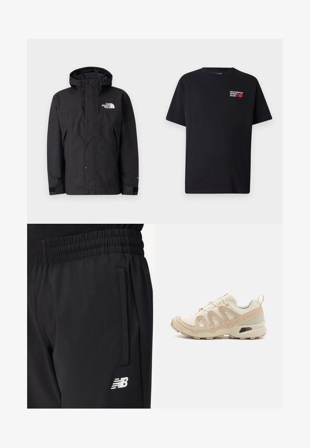Fekete vízálló dzseki kapucnival, cipzárral, gombokkal és logóval a mellkason. Állítható mandzsettákkal és sima textúrával rendelkezik.; Fekete pamut póló kerek nyakkal. A bal felső mellkasi részen található egy kis piros és fehér "New Balance" logó és felirat.; Fekete sportnadrág, elasztikus derékkal, oldalsó zsebbel és fehér New Balance logóval a combon.; Beige és krém színű sportcipő, texturált hálós felsőrésszel, támogató burkolattal és gumitalppal, amely tapadás érdekében bordázott mintázattal rendelkezik.
