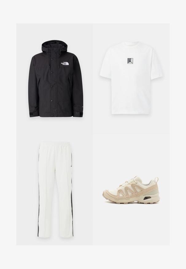 Zwarte waterdichte jas met een capuchon, voorzien van een rits, knopen en een merklogo op de borst. Heeft verstelbare manchetten en een gladde textuur.; Witte katoen t-shirt met een centraal zwart en grijs logo grafiek. Klassieke ronde halslijn en korte mouwen met een losse pasvorm.; Witte sportbroek met een elastische tailleband, met zwarte zijstrepen, een rechte pijpenontwerp en een gladde stoftextuur.; Beige en crème sportschoen met een textuur-mesh bovenwerk, ondersteunende overlays en een rubberen zool met een profielpatroon voor grip.