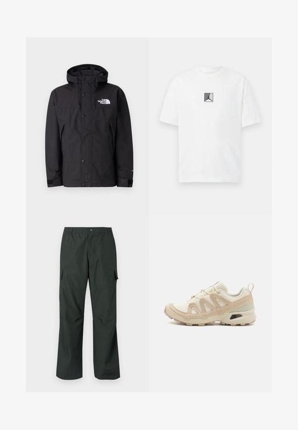 Musta vedenpitävä takki hupulla, jossa on vetoketjusuljenta, napit ja brändin logo rinnassa. Takissa on säädettävät hihat ja sileä pinta.; Valkoinen puuvillapaita, jossa on keskellä musta ja harmaa logokuva. Klassinen pyöreä kaula-aukko ja lyhyet hihat rentoa istuvuutta varten.; Tummanvihreät cargo-housut, joissa on rento malli, joustava vyötärö, ommellut taskut ja sileä, kevyt kankaan tekstuuri.; Beige ja kreemi värvi sportlikud jalanõud, millel on tekstiilne mesh ülemine osa, toetavad ülekatted ja kummist tald, millel on mustripattern haardeks.