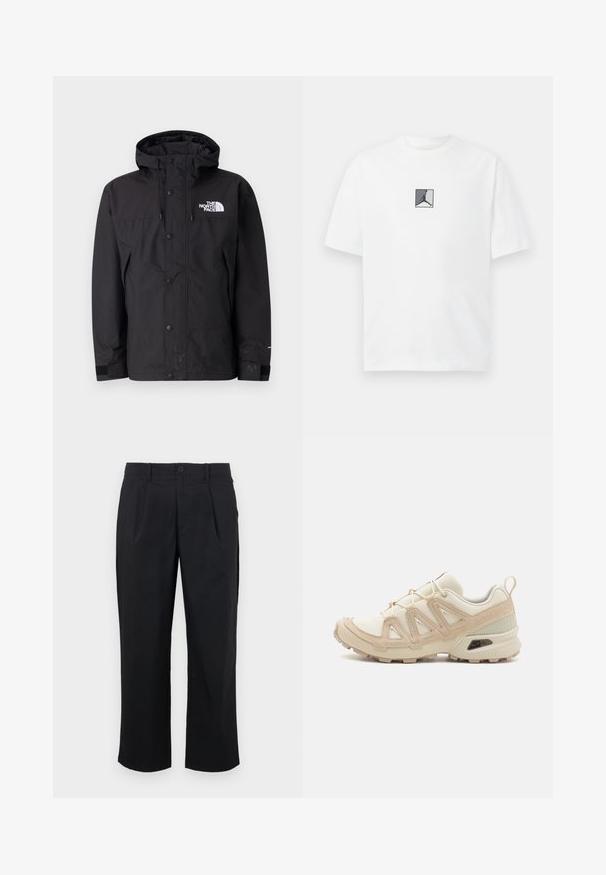 Črna nepremočljiva jakna s kapuco, z zadrgo, gumbi in blagovno znamko na prsih. Ima nastavljive manšete in gladko teksturo.; Bela bombažna majica z osrednjim črno-sivim logotipom. Klasičen kroj z okrogłym izrezom in kratkimi rokavi ter udobnim fitom.; Črne hlače ravnega kroja, z naborki spredaj, gumbom za zapiranje in gladko teksturo blaga.; Bež in krem športni čevlji z teksturiranim mrežastim zgornjim delom, podpornimi prekrivali in gumijastim podplatom z vzorcem za oprijem.
