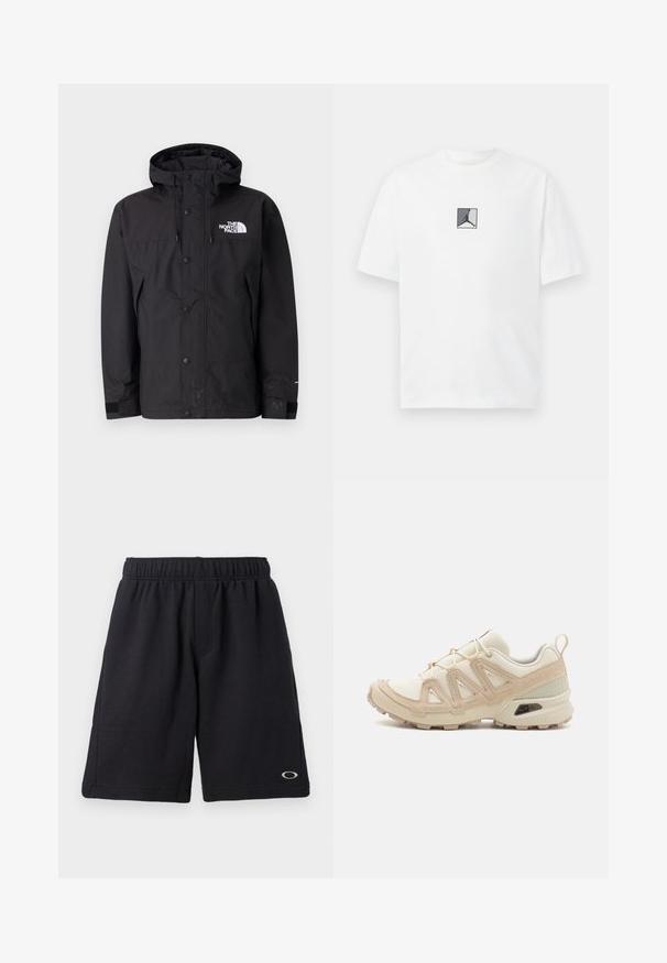 Veste noire imperméable avec capuche, dotée d'une fermeture éclair, de boutons et d'un logo de marque sur la poitrine. Elle a des poignets ajustables et une texture lisse.; T-shirt en coton blanc avec un graphique central en noir et gris. Encolure classique ronde et manches courtes avec une coupe décontractée.; Shorts de sport noirs avec une taille élastique, texture lisse, poches latérales et un petit logo en bas. Coupe relaxée et longueur genou.; Baskets de sport beiges et crème avec une tige en mesh texturé, des superpositions de soutien et une semelle en caoutchouc dotée d'un motif de crampons pour une traction.
