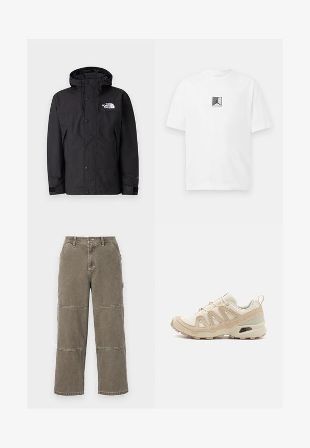 Chaqueta negra impermeable con capucha, con cierre de cremallera, botones y logo de la marca en el pecho. Cuenta con puños ajustables y una textura suave.; Camiseta de algodón blanca con un gráfico de logo central en negro y gris. Cuello redondo clásico y mangas cortas con un corte relajado.; Pantalones cargo de algodón en un tono verde oliva apagado, con piernas anchas, acentos de doble costura y bolsillos laterales, que cuentan con un cierre de botón y trabillas para el cinturón.; Zapatilla deportiva beige y crema con parte superior de malla texturizada, superposiciones de soporte y suela de goma con un patrón de tracción.