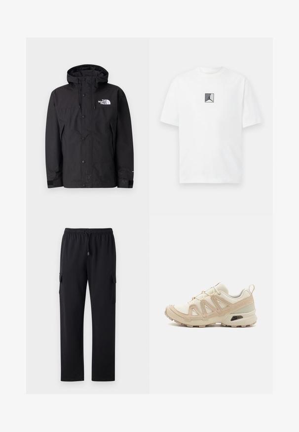 Schwarze wasserdichte Jacke mit Kapuze, ausgestattet mit einem Reißverschluss, Knöpfen und einem markierten Logo auf der Brust. Hat verstellbare Bündchen und eine glatte Textur.; Weißes Baumwoll-T-Shirt mit einem zentralen schwarzen und grauen Logo-Graphic. Klassischer Rundhalsausschnitt und kurze Ärmel mit lockerer Passform.; Schwarze Cargo-Hose mit lockerer Passform, elastischem Bund und Kordelzug. Verfügt über zwei seitliche Taschen für Stauraum. Weicher Stofftextur.; Beige und cremefarbenen Sportschuh mit strukturiertem Mesh-Obermaterial, unterstützenden Überzügen und Gummisohle mit einem Profilmuster für Bodenhaftung.