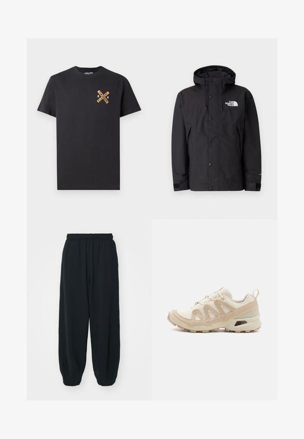 Black waterproof jacket with a hood, featuring a zip closure, buttons, and branded logo on the chest. Has adjustable cuffs and a smooth texture.; Black cotton t-shirt featuring a graphic design in orange, displaying the words "ELEMENT" and "REMEMBER" in a cross pattern on the chest.; Black, elasticated-waist sweatpants with a loose fit, cuffed ankles, smooth texture, and no visible patterns or hardware accents.; Beige and cream athletic shoe with textured mesh upper, supportive overlays, and rubber outsole featuring a tread pattern for traction.