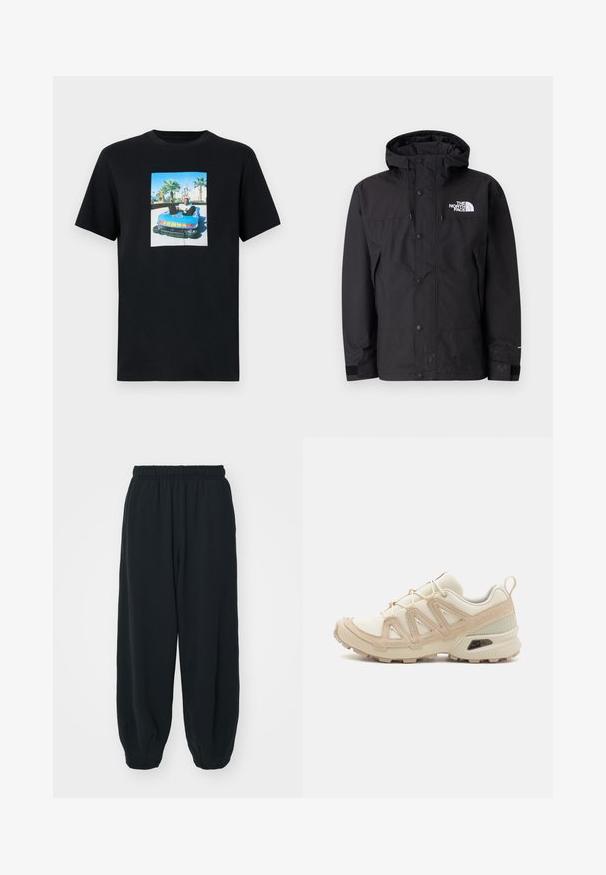 Melnas ūdensnecaurlaidīgas jakas ar kapuci, ar rāvējslēdzēja aizdari, pogām un zīmola logo uz krūškurvja. Tam ir regulējami piedurknes un gluda tekstūra.; Melna kokvilnas t-kreklu ar kvadrātveida grafiku, kurā attēlots zils spēļu auto ar vīrieti iekšā, apkārt palmām.; Melnas sporta bikses ar elastīgu jostasvietu, brīvu piegriezumu, aprocēm ap potītēm, gludu tekstūru, un bez redzamām rakstu vai aparatūras akcentiem.; Beige un krēma sporta apavi ar strukturētu tīkla virsmu, atbalstošajiem slāņiem un gumijas zoli ar protektoru rakstu, kas nodrošina saķeri.