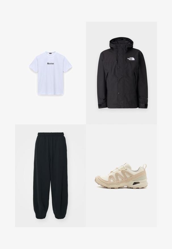 Juodas vandeniui atsparus džemperis su kapišonu, turintis užtrauktuką, sagas ir prekių ženklą ant krūtinės. Su reguliuojamomis rankovėmis ir lygiu paviršiumi.; Balta medvilninė marškinė su trumpomis rankovėmis, apvaliu kaklu, priešais turinti juodu stilizuotu tekstu "Wonderful". Lygi tekstūra, standartinis fasonas.; Juodi, su elastiniu juosmeniu sportiniai kelnės su laisvu siluetu, suapvalintais kulkšnimis, lygia tekstūra ir be matomų raštų ar metalinių akcentų.; Bežinės ir kreminės spalvos sportinės bateliai su tekstūruoto tinklelio viršutine dalimi, palaikančiomis detalėmis ir guminiais padais, turinčiais raštą, užtikrinantį sukibimą.