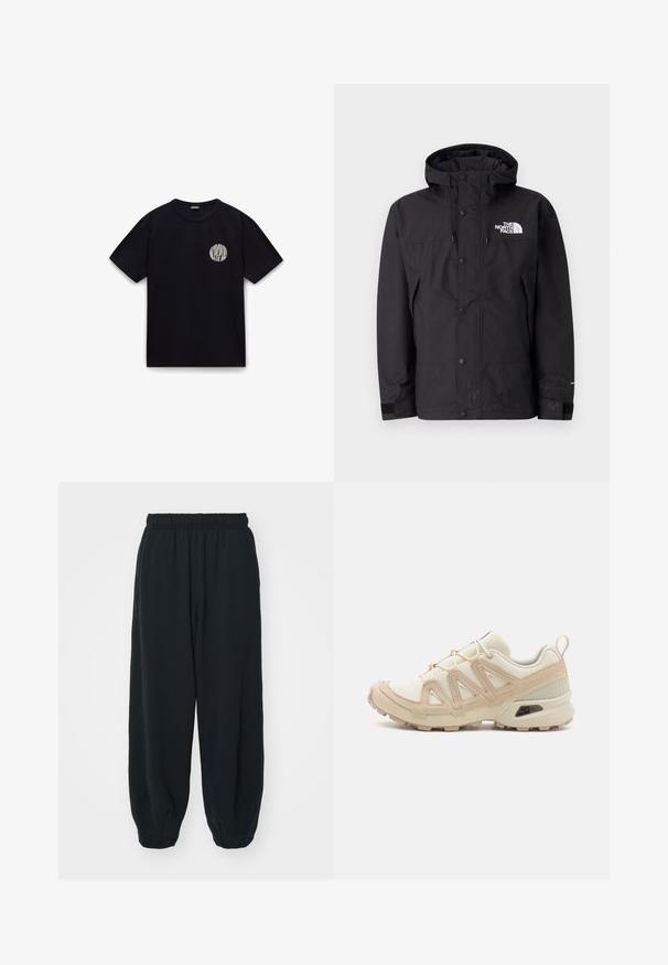 Černá nepromokavá bunda s kapucí, vybavená zipem, knoflíky a značkovým logem na hrudi. Má nastavitelné manžety a hladký povrch.; Černé bavlněné tričko s krátkým rukávem, kulatým výstřihem a bílým kruhovým logem na levé části hrudi. Hladká textilie, neformální design.; Černé teplákové kalhoty s elastickým pasem, volným střihem, manžetami na kotnících, hladkým povrchem a bez viditelných vzorů či kovových detailů.; Béžová a krémová sportovní obuv s texturovaným síťovaným svrškem, podpůrnými překryvy a gumovou podrážkou s dezénem pro lepší přilnavost.