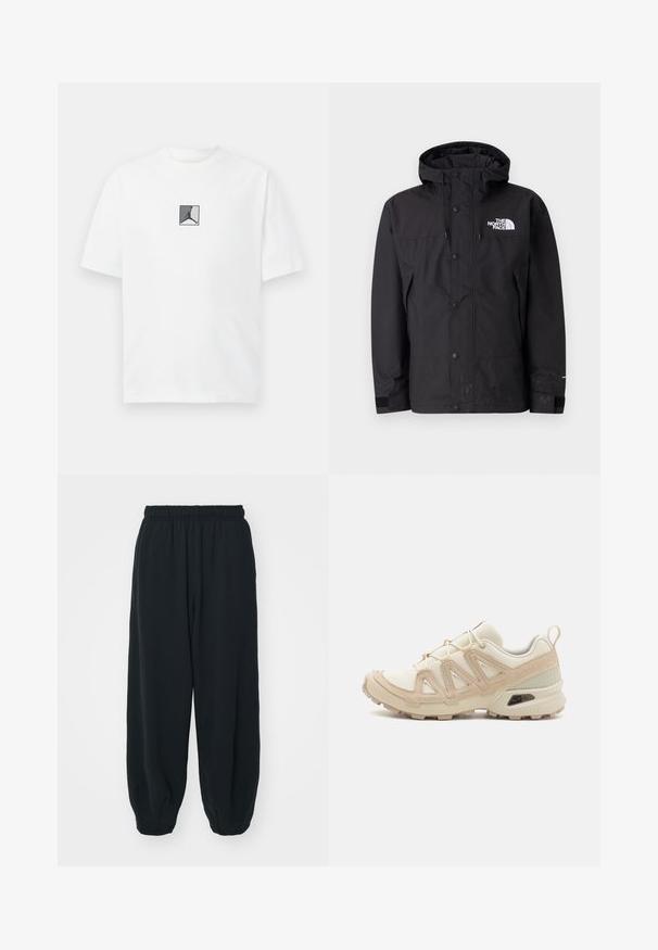 Mustan veekindel jakk, millel on kapuuts, tõmblukuga ja nuppudega kinnitamine ning brändi logo rinnal. Tootel on reguleeritavad mansetid ja sile tekstuur.; Valge puuvillane T-särk, millel on keskel must ja hall logo graafika. Klasikaline ümmargune kaelus ja lühikesed varrukad, millel on mugav lõige.; Mustade elastse vöökoha ja laia lõikega dressipüksid, mansetiga sääred, sile tekstuur ning ilma nähtavate mustrite või detailideta.; Beež ja koobalti spordijalats tekstureeritud võrkkattega, toetavad ülemised kihid ja kummist tallaga, millel on mustriga joonistus haardeks.