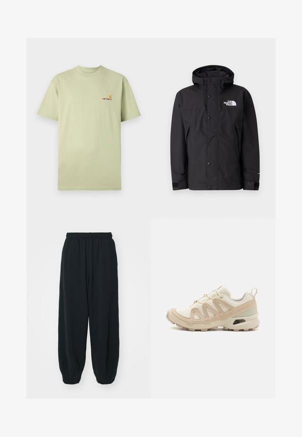 Casaco impermeável preto com capuz, apresentando um fecho com zíper, botões e logótipo da marca no peito. Tem punhos ajustáveis e uma textura suave.; T-shirt de algodão verde claro com mangas curtas e decote redondo. Apresenta um pequeno logótipo em laranja e vermelho na parte superior esquerda do peito.; Calças de fato de treino pretas, com cintura elástica e um corte solto, com punhos nas pernas, textura suave e sem padrões visíveis ou detalhes de metal.; Sapatilha atlética beige e creme com parte superior em malha texturizada, sobreposições de suporte e sola de borracha com um padrão de cravo para tração.