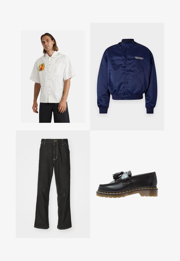 Navy satin bomber jacket with a snap button front, ribbed cuffs, and hem. Features "ORIGINALS" embroidered in light beige on the chest.; White short-sleeve shirt with black vertical stripes, featuring a colorful fruit embroidery on the left chest and a single front pocket.; Long-sleeve white cotton T-shirt with a crew neck, featuring a small yellow and burgundy logo on the left chest. Seamless cuffs and hem.; Black denim jeans with a loose fit, featuring contrasting white stitching, a button closure, and a straight leg design.; Black leather loafers with a textured finish, featuring a decorative tassel and contrasting yellow stitching, on a chunky, transparent sole.