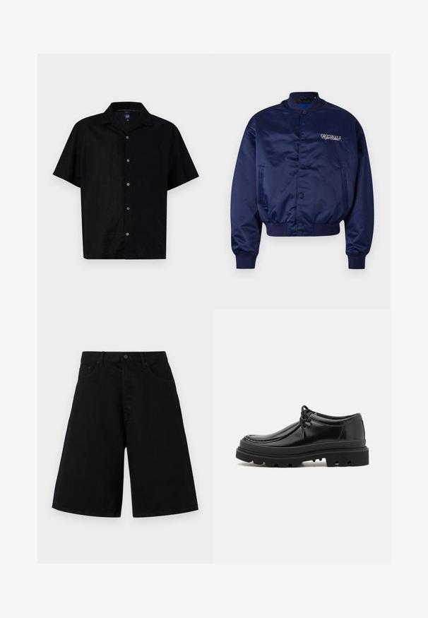 Marineblaues Satin-Bomberjackett mit Druckknopfverschluss, gerippten Bündchen und Saum. Mit "ORIGINALS" in hellbeige auf der Brust bestickt.; Schwarzes Kurzarmhemd aus glattem Stoff, mit Knopfleiste, einer einzelnen Brusttasche und klassischem Kragen.; Schwarze Denim-Shorts mit lässiger Passform, ausgestattet mit einem klassischen Fünf-Taschen-Design und Knopfverschluss, glatter Textur und geradem Beinabschluss.; Schwarze Leder-Derby-Schuhe mit einem eleganten Design, runder Zehenpartie und rutschfester Gummisohle mit tiefen Rillen für besseren Halt.