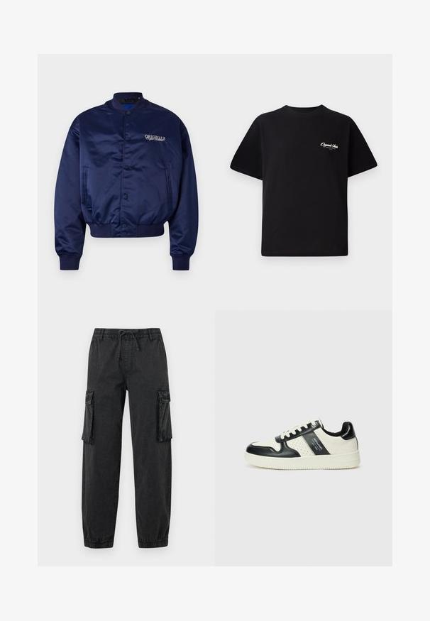Marineblå satin bomberjakke med trykknappfront, ribbestrikkede mansjetter og nederkant. Har "ORIGINALS" brodert i lysebeige på brystet.; Svart bomull t-skjorte med rund hals, korte ermer og liten hvit logo-tekst på venstre bryst. Enkel design, klassisk passform.; Svarte cargo-bukser laget av teksturert stoff med elastisk midje og snøring. Har sidelommer og elastiske mansjetter ved anklene.; Lædersneakers med sort og creme farveskema, der har perforerede detaljer, en polstret krave og en struktureret ydersål.